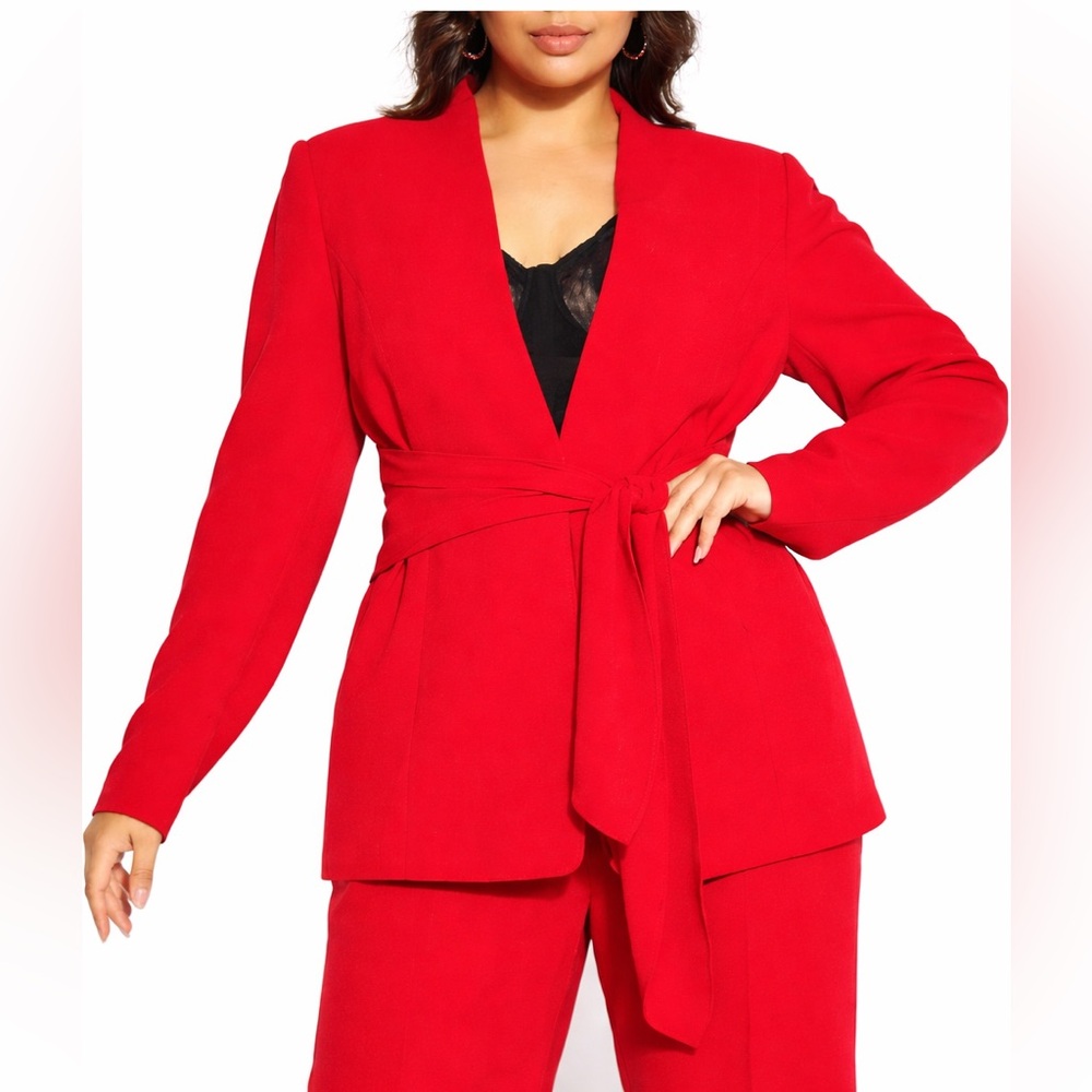 City Chic Collarless Fully Lined Tie Front Jacket Blazer Red Size 18